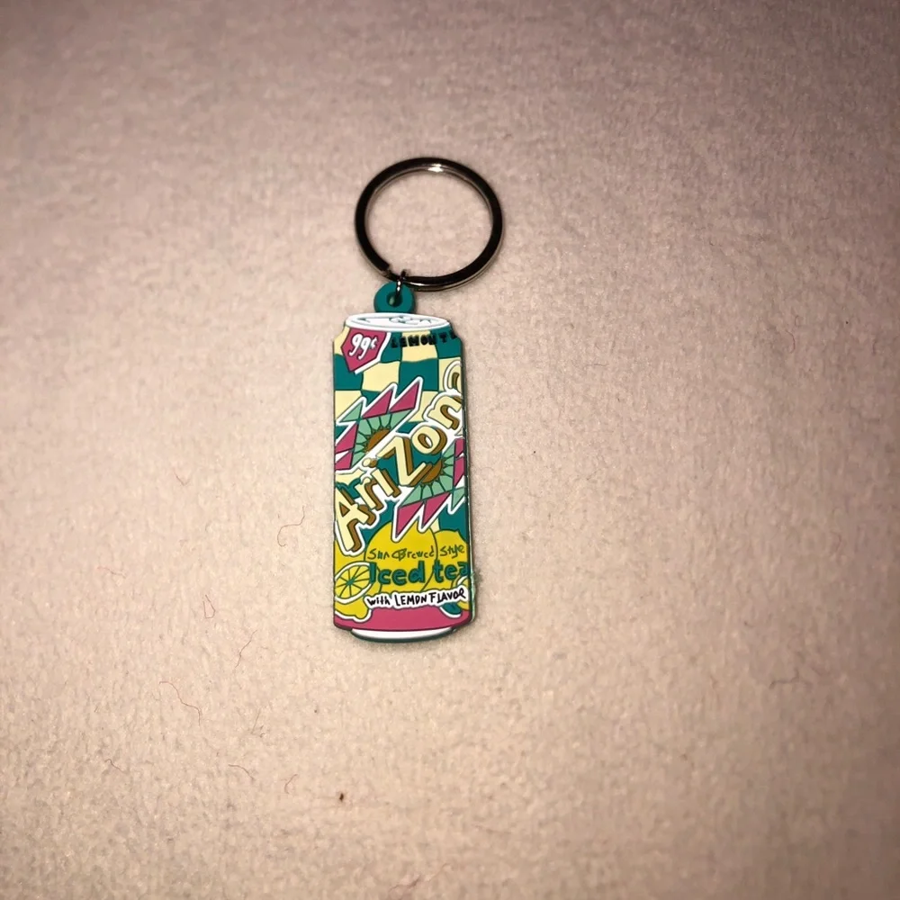 Arizona Iced Tea Can Green Tea Double sided Rubber Keychain Teal, Yellow & Pink